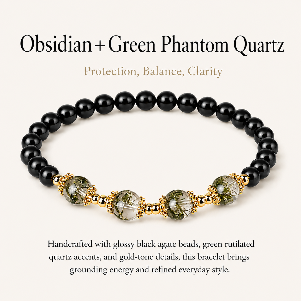 Obsidian & Green Phantom Quartz Energy Bracelets